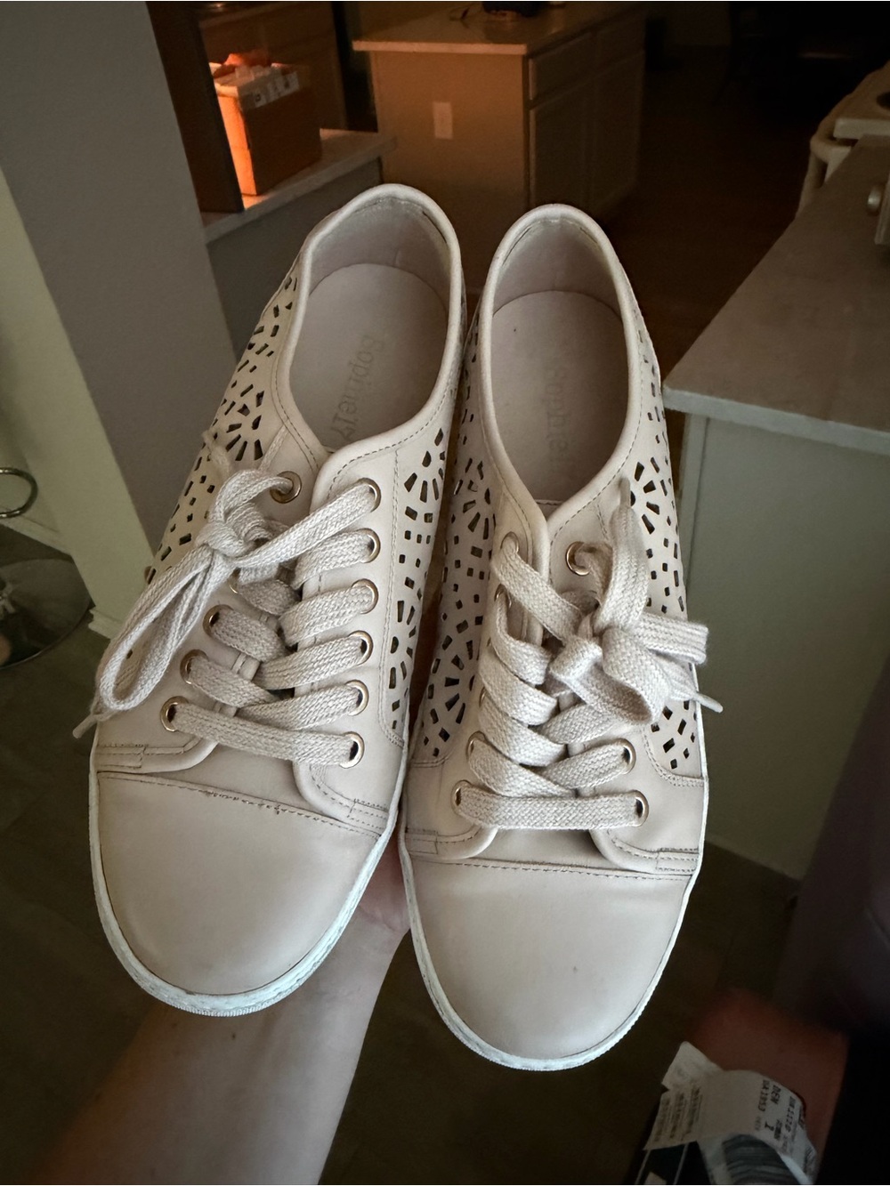 Sophie17 Laser-Cut Lace-Up Sneakers in Nude